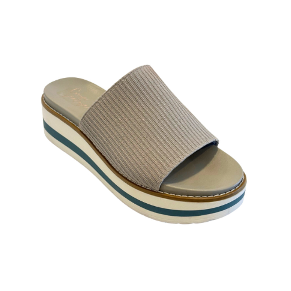 Crown Vintage Beige Ribbed Slide Sandal with Striped Platform